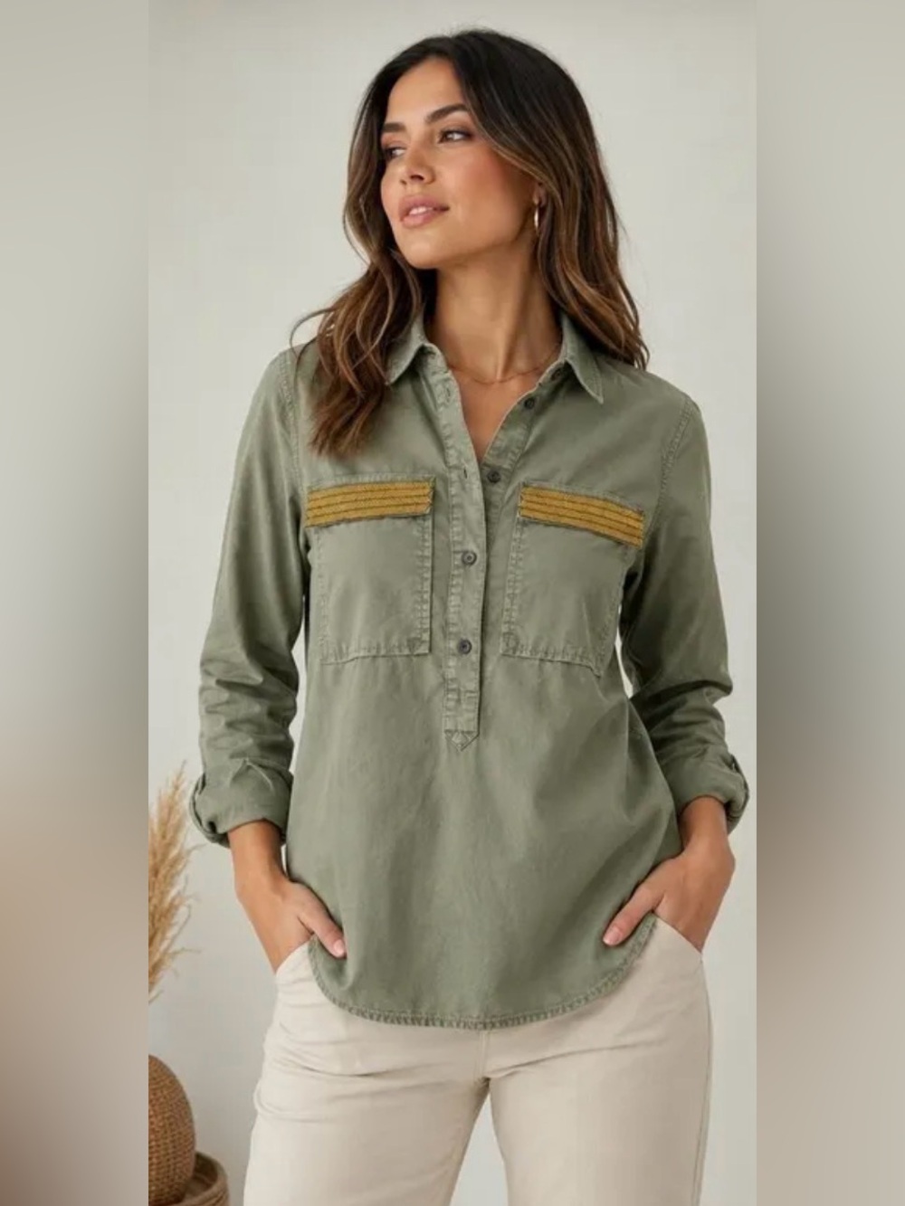 J.Crew Olive Green Beaded Chevron Utility Popover Shirt Size 6